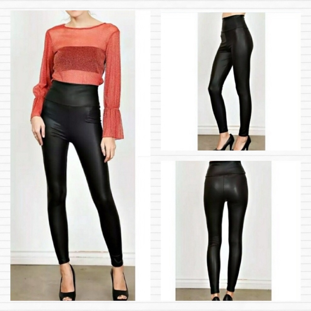SMALL Black Faux Leather High Waisted Leggings - Picture 6 of 10